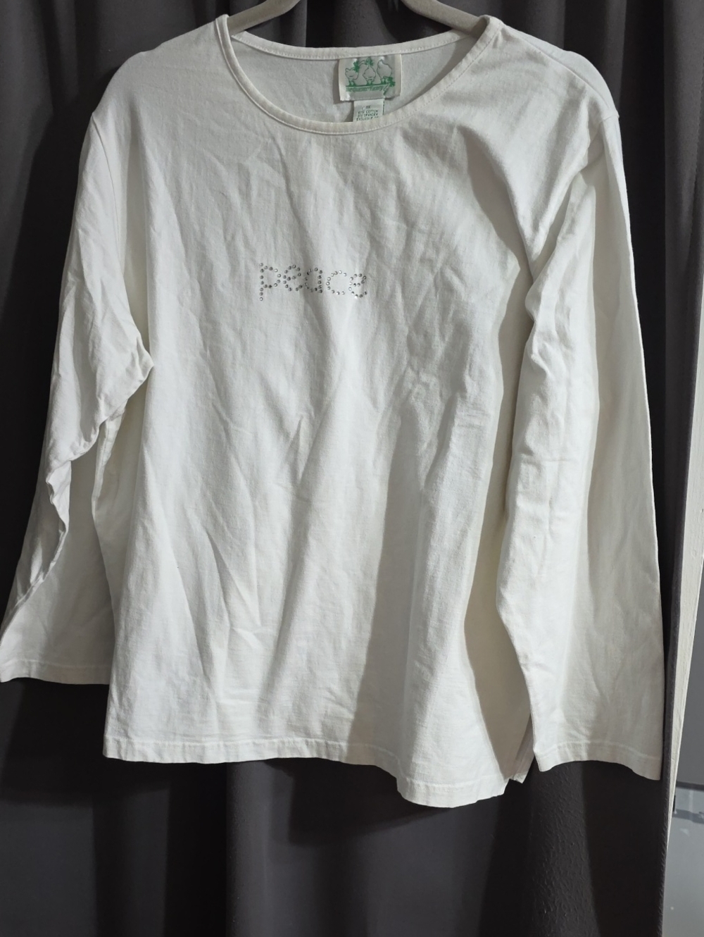 The Quacker Factory Women's Shirt "PEACE" Rhinestones Creamy White Sz 1X EUC
